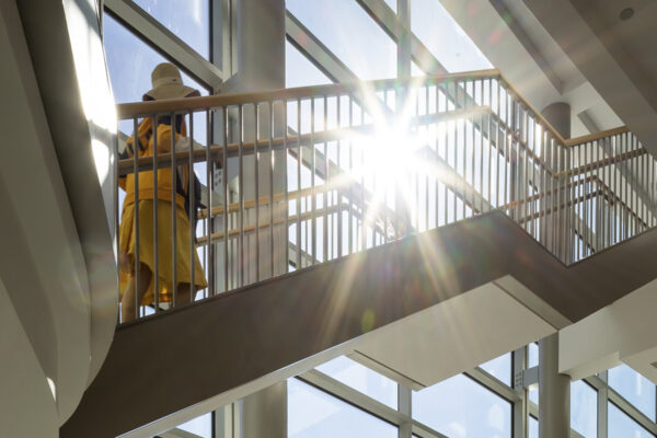 A woman walks up stairs with the sun glowing through the window.